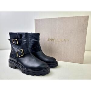 Jimmy Choo Youth II Black Leather Biker Boots Gold Buckles Sz 37 (7)